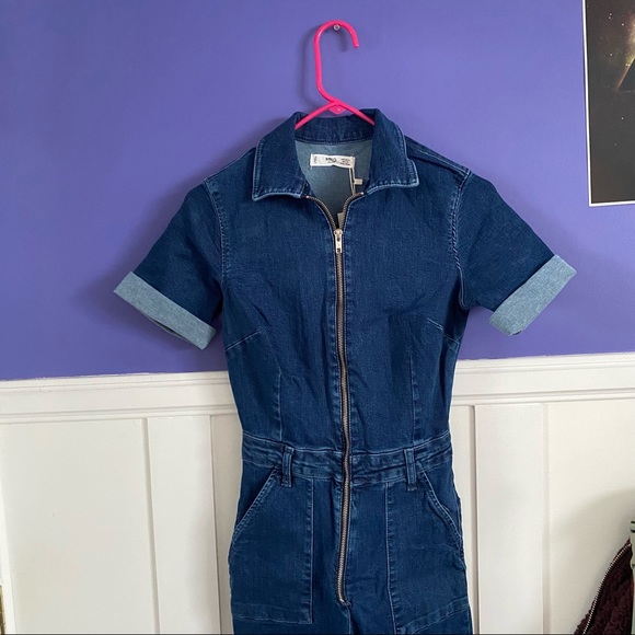 mango retro utility medium wash blue denim jumpsuit - Picture 1 of 8